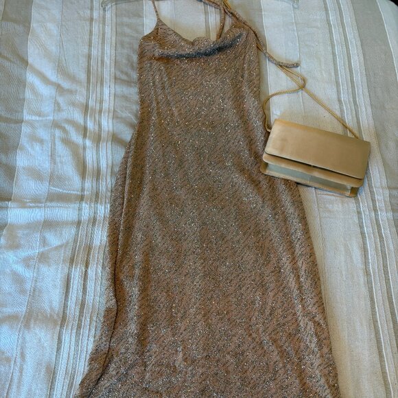 Vintage Y2K Jump Brand Body-Con Prom Gown – Deep Gold Glitter, Size 3/4, NWT - Picture 1 of 7